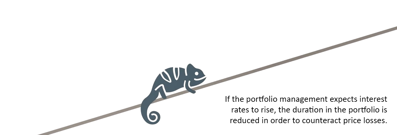 A stylized chameleon climbs up a slippery slope. If interest rates rise, the duration is reduced to counteract possible losses.